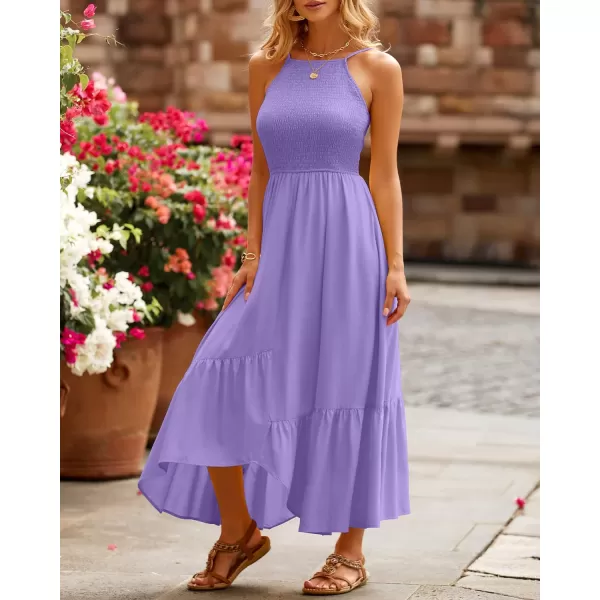 imageBTFBM Womens Sleeveless Halter Neck Casual Summer Dress Smocked Flowy Irregular Hem Wedding Beach Party Maxi SundressesSolid Light Purple