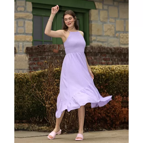imageBTFBM Womens Sleeveless Halter Neck Casual Summer Dress Smocked Flowy Irregular Hem Wedding Beach Party Maxi SundressesSolid Light Purple