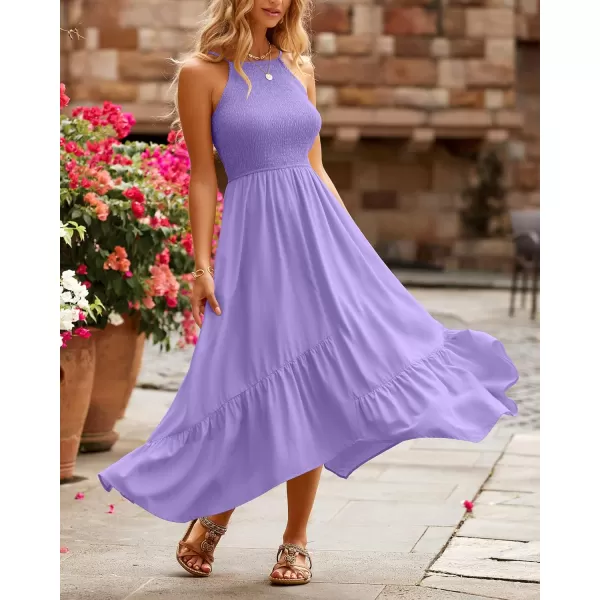 imageBTFBM Womens Sleeveless Halter Neck Casual Summer Dress Smocked Flowy Irregular Hem Wedding Beach Party Maxi SundressesSolid Light Purple
