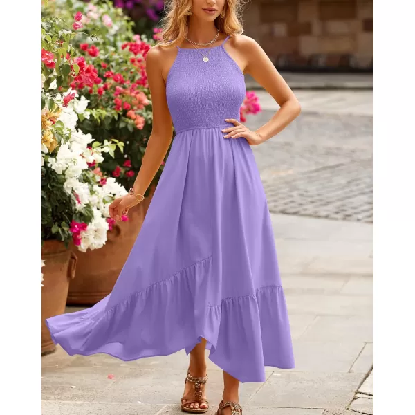 imageBTFBM Womens Sleeveless Halter Neck Casual Summer Dress Smocked Flowy Irregular Hem Wedding Beach Party Maxi SundressesSolid Light Purple