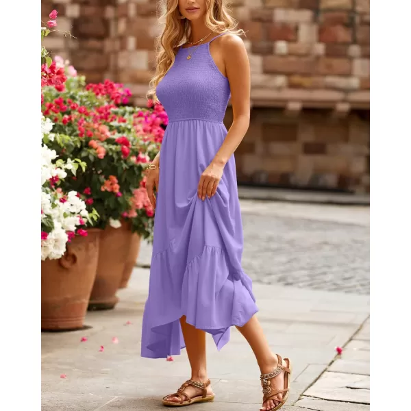 imageBTFBM Womens Sleeveless Halter Neck Casual Summer Dress Smocked Flowy Irregular Hem Wedding Beach Party Maxi SundressesSolid Light Purple