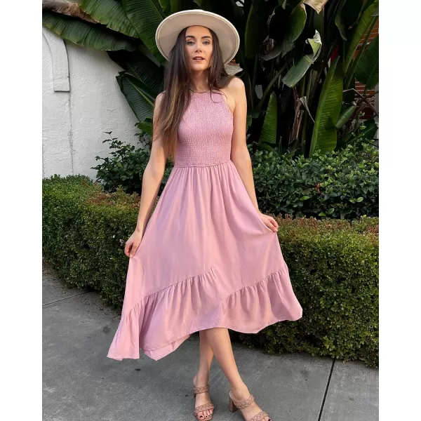 imageBTFBM Womens Sleeveless Halter Neck Casual Summer Dress Smocked Flowy Irregular Hem Wedding Beach Party Maxi SundressesSolid Pink