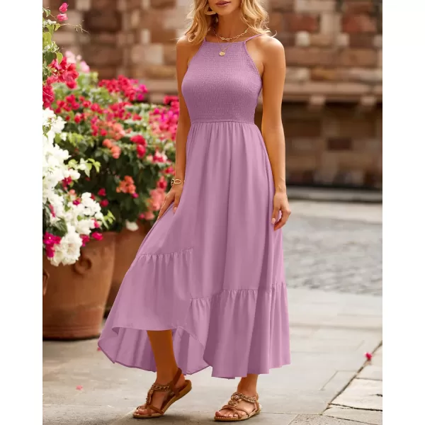 imageBTFBM Womens Sleeveless Halter Neck Casual Summer Dress Smocked Flowy Irregular Hem Wedding Beach Party Maxi SundressesSolid Pink