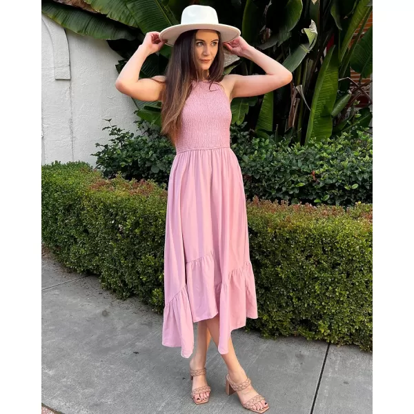 imageBTFBM Womens Sleeveless Halter Neck Casual Summer Dress Smocked Flowy Irregular Hem Wedding Beach Party Maxi SundressesSolid Pink