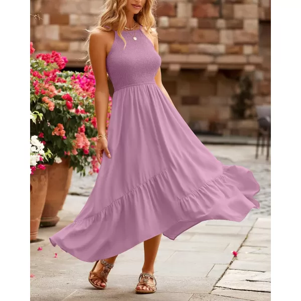 imageBTFBM Womens Sleeveless Halter Neck Casual Summer Dress Smocked Flowy Irregular Hem Wedding Beach Party Maxi SundressesSolid Pink