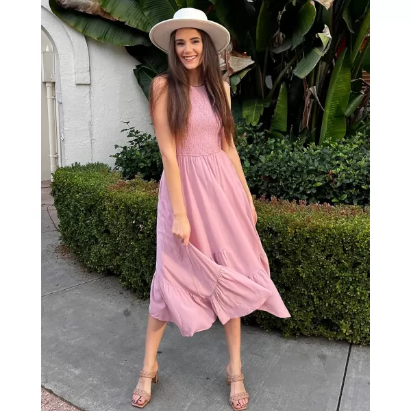 imageBTFBM Womens Sleeveless Halter Neck Casual Summer Dress Smocked Flowy Irregular Hem Wedding Beach Party Maxi SundressesSolid Pink
