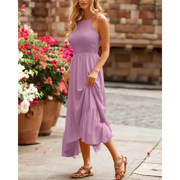 imageBTFBM Womens Sleeveless Halter Neck Casual Summer Dress Smocked Flowy Irregular Hem Wedding Beach Party Maxi SundressesSolid Pink