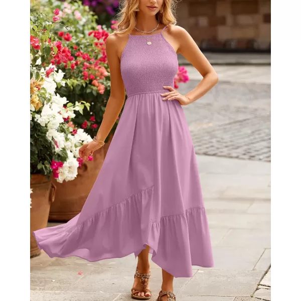 imageBTFBM Womens Sleeveless Halter Neck Casual Summer Dress Smocked Flowy Irregular Hem Wedding Beach Party Maxi SundressesSolid Pink