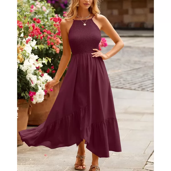 imageBTFBM Womens Sleeveless Halter Neck Casual Summer Dress Smocked Flowy Irregular Hem Wedding Beach Party Maxi SundressesSolid Wine Red