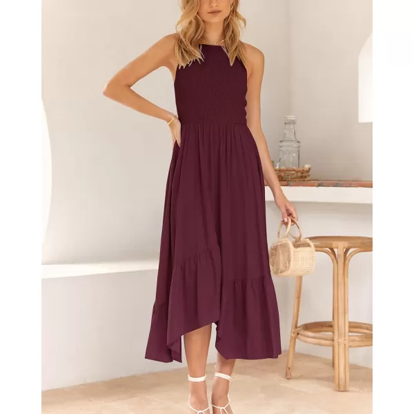 imageBTFBM Womens Sleeveless Halter Neck Casual Summer Dress Smocked Flowy Irregular Hem Wedding Beach Party Maxi SundressesSolid Wine Red