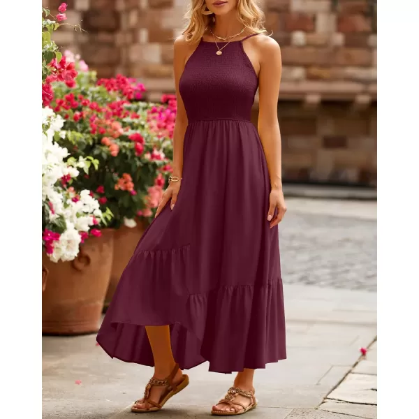 imageBTFBM Womens Sleeveless Halter Neck Casual Summer Dress Smocked Flowy Irregular Hem Wedding Beach Party Maxi SundressesSolid Wine Red