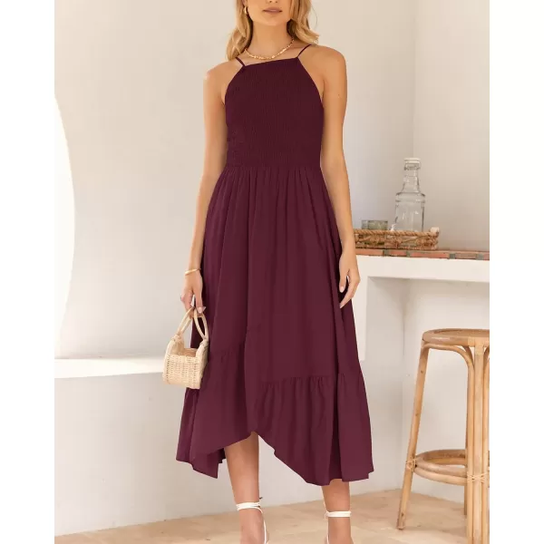 imageBTFBM Womens Sleeveless Halter Neck Casual Summer Dress Smocked Flowy Irregular Hem Wedding Beach Party Maxi SundressesSolid Wine Red
