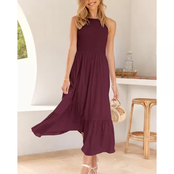 imageBTFBM Womens Sleeveless Halter Neck Casual Summer Dress Smocked Flowy Irregular Hem Wedding Beach Party Maxi SundressesSolid Wine Red