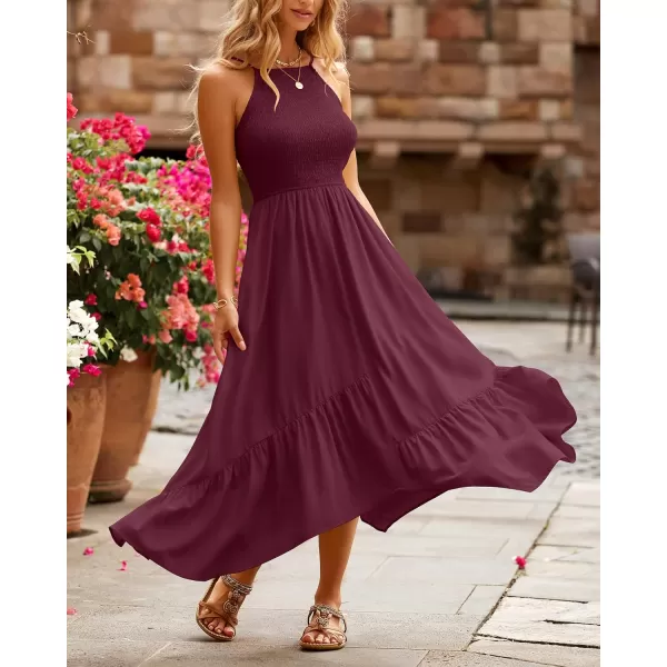 imageBTFBM Womens Sleeveless Halter Neck Casual Summer Dress Smocked Flowy Irregular Hem Wedding Beach Party Maxi SundressesSolid Wine Red