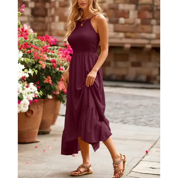 imageBTFBM Womens Sleeveless Halter Neck Casual Summer Dress Smocked Flowy Irregular Hem Wedding Beach Party Maxi SundressesSolid Wine Red