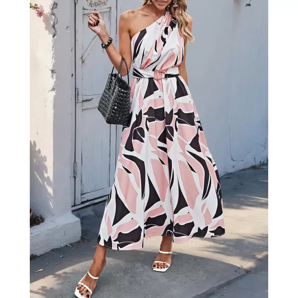 imageBTFBM Womens Sleeveless One Shoulder Dress Resort Outfits Casual Summer Maxi Sundress Print Belted Long Flowy DressesPrint Black Pink