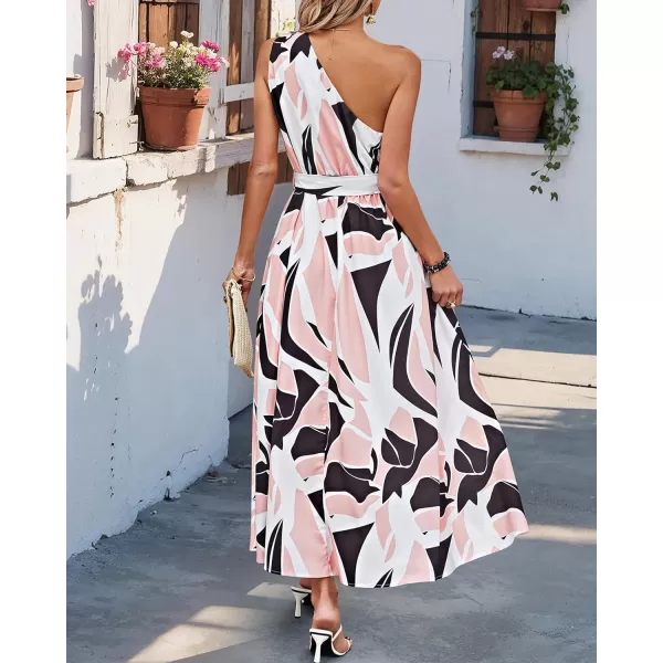 imageBTFBM Womens Sleeveless One Shoulder Dress Resort Outfits Casual Summer Maxi Sundress Print Belted Long Flowy DressesPrint Black Pink