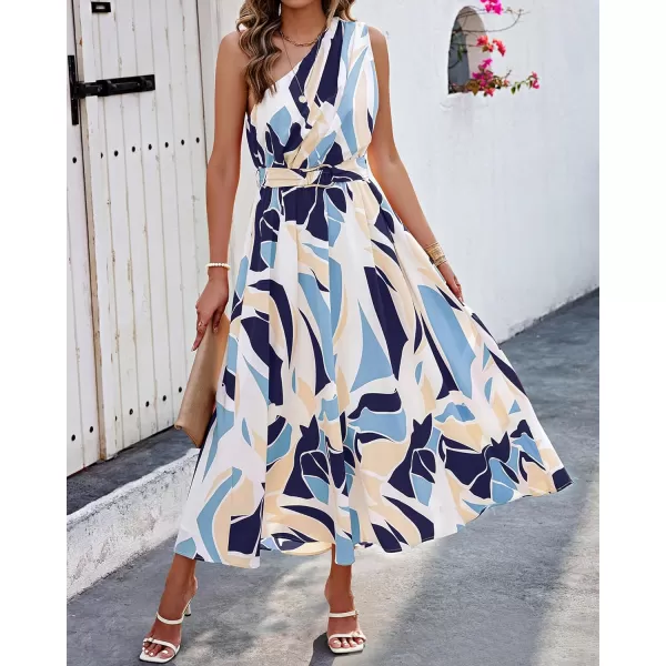 imageBTFBM Womens Sleeveless One Shoulder Dress Resort Outfits Casual Summer Maxi Sundress Print Belted Long Flowy DressesPrint Navy