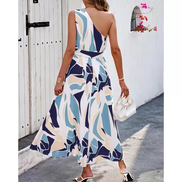 imageBTFBM Womens Sleeveless One Shoulder Dress Resort Outfits Casual Summer Maxi Sundress Print Belted Long Flowy DressesPrint Navy