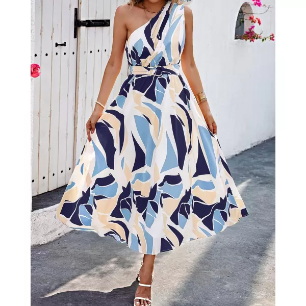 imageBTFBM Womens Sleeveless One Shoulder Dress Resort Outfits Casual Summer Maxi Sundress Print Belted Long Flowy DressesPrint Navy