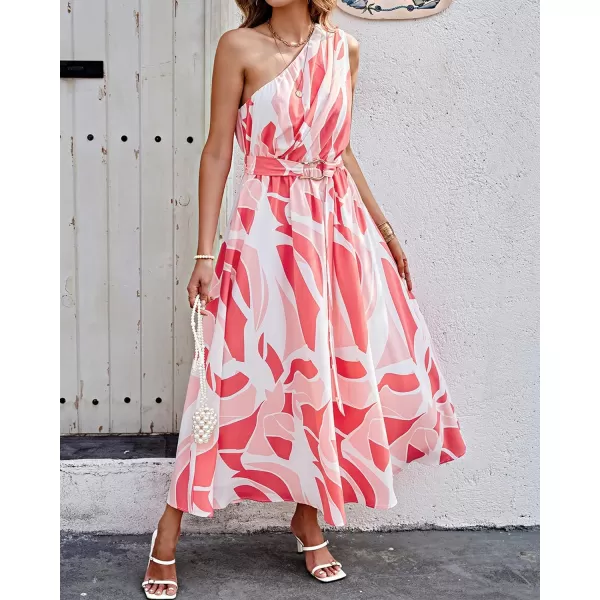 imageBTFBM Womens Sleeveless One Shoulder Dress Resort Outfits Casual Summer Maxi Sundress Print Belted Long Flowy DressesPrint Pink