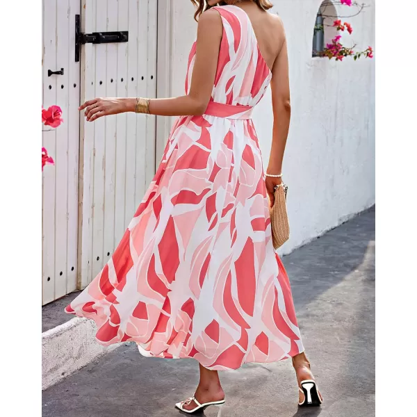 imageBTFBM Womens Sleeveless One Shoulder Dress Resort Outfits Casual Summer Maxi Sundress Print Belted Long Flowy DressesPrint Pink