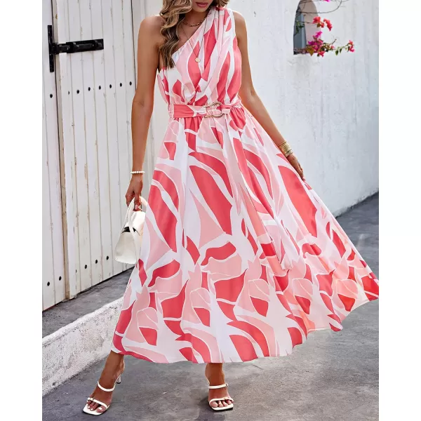 imageBTFBM Womens Sleeveless One Shoulder Dress Resort Outfits Casual Summer Maxi Sundress Print Belted Long Flowy DressesPrint Pink