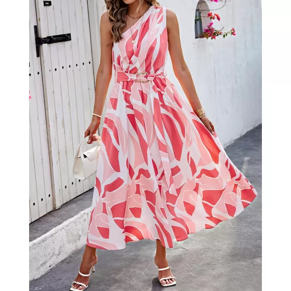 imageBTFBM Womens Sleeveless One Shoulder Dress Resort Outfits Casual Summer Maxi Sundress Print Belted Long Flowy DressesPrint Pink