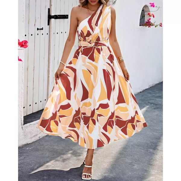 imageBTFBM Womens Sleeveless One Shoulder Dress Resort Outfits Casual Summer Maxi Sundress Print Belted Long Flowy DressesPrint Red Brown