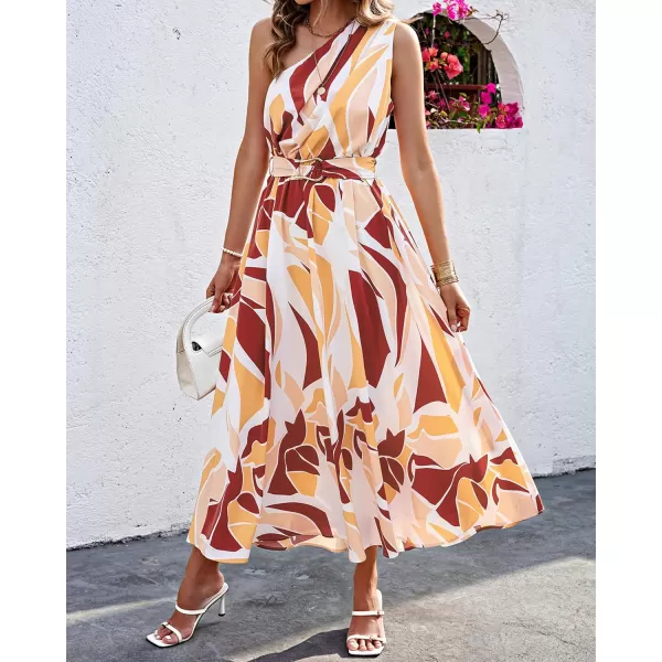 imageBTFBM Womens Sleeveless One Shoulder Dress Resort Outfits Casual Summer Maxi Sundress Print Belted Long Flowy DressesPrint Red Brown