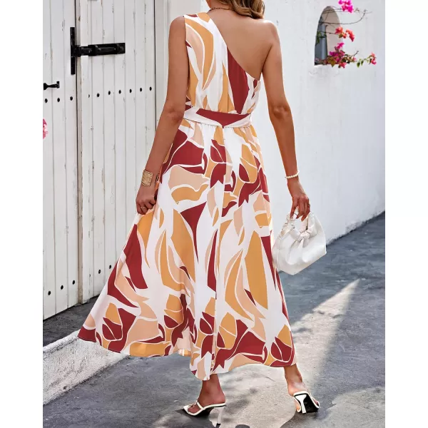 imageBTFBM Womens Sleeveless One Shoulder Dress Resort Outfits Casual Summer Maxi Sundress Print Belted Long Flowy DressesPrint Red Brown