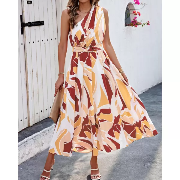 imageBTFBM Womens Sleeveless One Shoulder Dress Resort Outfits Casual Summer Maxi Sundress Print Belted Long Flowy DressesPrint Red Brown