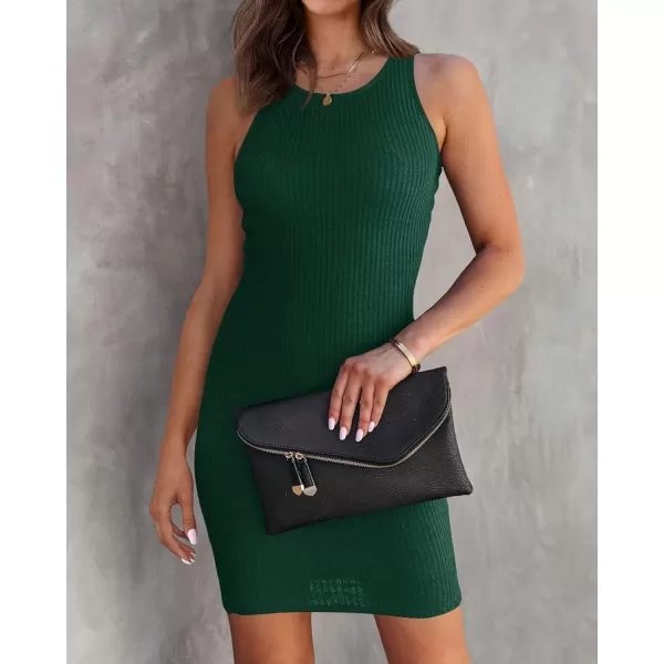 imageBTFBM Womens Sleeveless Ribbed Knit Tank Dress Scoop Neck Slim Fit 2023 Fashion Summer Party Club Bodycon Mini DressesSolid Dark Green