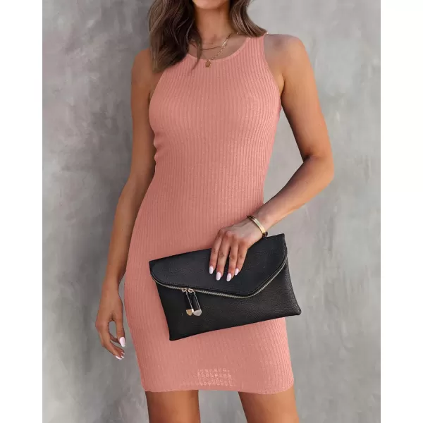 imageBTFBM Womens Sleeveless Ribbed Knit Tank Dress Scoop Neck Slim Fit 2023 Fashion Summer Party Club Bodycon Mini DressesSolid Pink