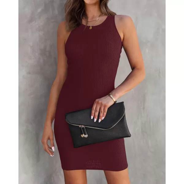 imageBTFBM Womens Sleeveless Ribbed Knit Tank Dress Scoop Neck Slim Fit 2023 Fashion Summer Party Club Bodycon Mini DressesSolid Wine Red