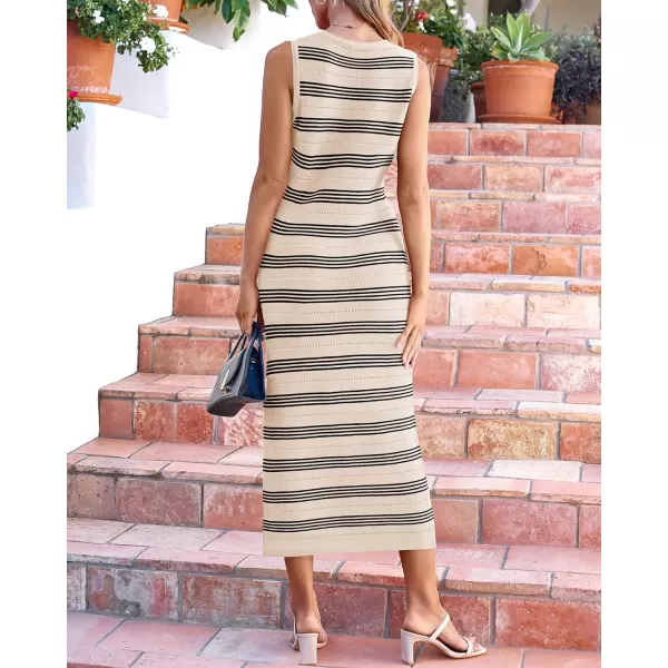 imageBTFBM Womens Sleeveless Summer Dresses 2024 Crew Neck Casual Sundress Hollow Out Side Slit Bodycon Knit Long Tank DressStriped Apricot