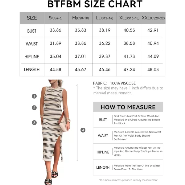 imageBTFBM Womens Sleeveless Summer Dresses 2024 Crew Neck Casual Sundress Hollow Out Side Slit Bodycon Knit Long Tank DressStriped Apricot
