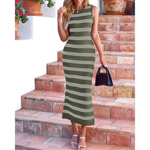imageBTFBM Womens Sleeveless Summer Dresses 2024 Crew Neck Casual Sundress Hollow Out Side Slit Bodycon Knit Long Tank DressStriped Army Green