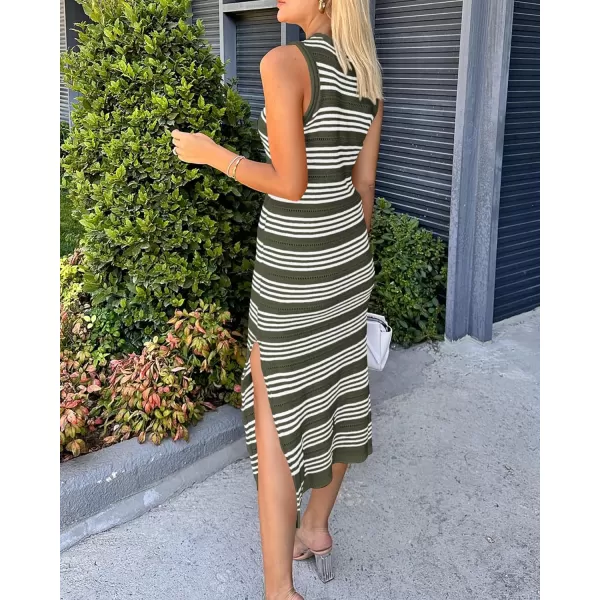 imageBTFBM Womens Sleeveless Summer Dresses 2024 Crew Neck Casual Sundress Hollow Out Side Slit Bodycon Knit Long Tank DressStriped Army Green