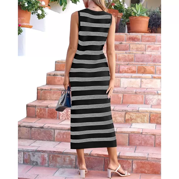 imageBTFBM Womens Sleeveless Summer Dresses 2024 Crew Neck Casual Sundress Hollow Out Side Slit Bodycon Knit Long Tank DressStriped Black