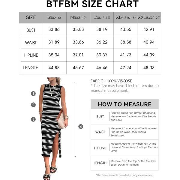 imageBTFBM Womens Sleeveless Summer Dresses 2024 Crew Neck Casual Sundress Hollow Out Side Slit Bodycon Knit Long Tank DressStriped Black
