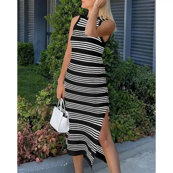 imageBTFBM Womens Sleeveless Summer Dresses 2024 Crew Neck Casual Sundress Hollow Out Side Slit Bodycon Knit Long Tank DressStriped Black