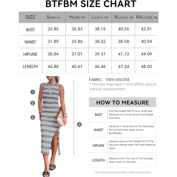 imageBTFBM Womens Sleeveless Summer Dresses 2024 Crew Neck Casual Sundress Hollow Out Side Slit Bodycon Knit Long Tank DressStriped Grey