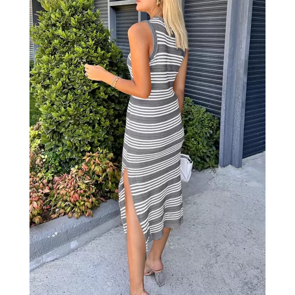 imageBTFBM Womens Sleeveless Summer Dresses 2024 Crew Neck Casual Sundress Hollow Out Side Slit Bodycon Knit Long Tank DressStriped Grey