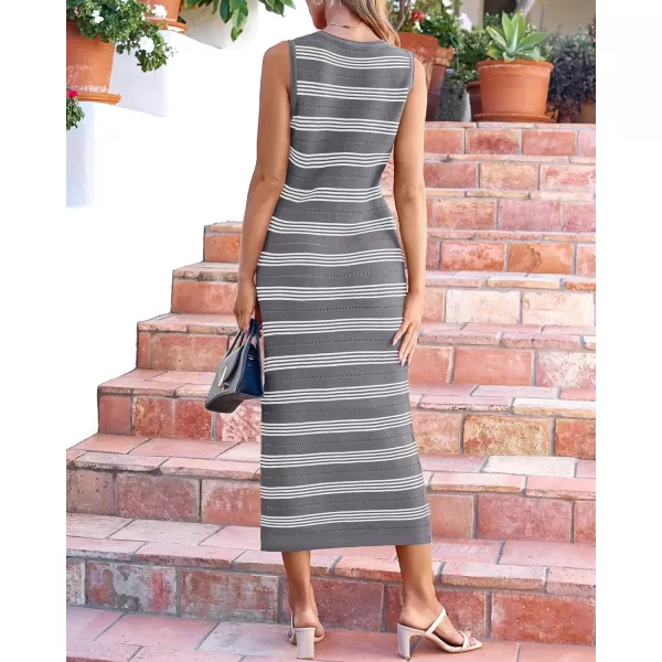 imageBTFBM Womens Sleeveless Summer Dresses 2024 Crew Neck Casual Sundress Hollow Out Side Slit Bodycon Knit Long Tank DressStriped Grey
