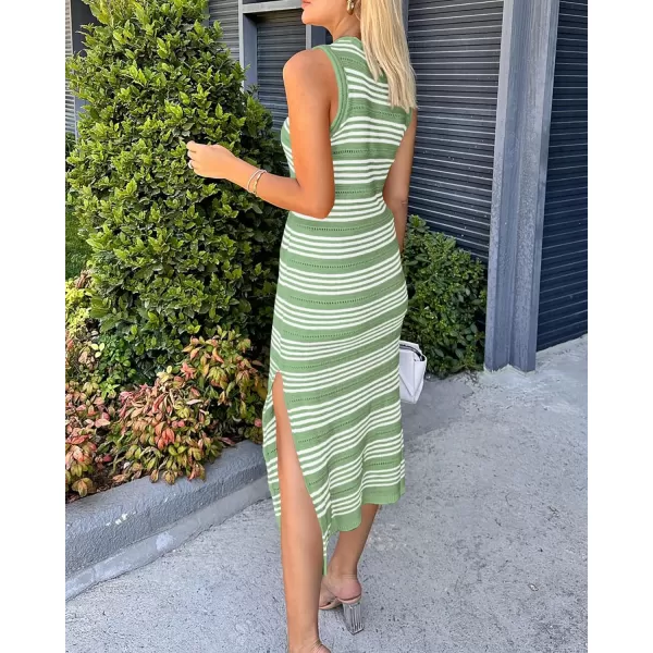 imageBTFBM Womens Sleeveless Summer Dresses 2024 Crew Neck Casual Sundress Hollow Out Side Slit Bodycon Knit Long Tank DressStriped Light Green