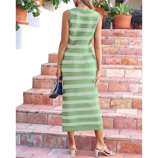 imageBTFBM Womens Sleeveless Summer Dresses 2024 Crew Neck Casual Sundress Hollow Out Side Slit Bodycon Knit Long Tank DressStriped Light Green