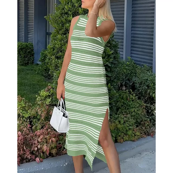 imageBTFBM Womens Sleeveless Summer Dresses 2024 Crew Neck Casual Sundress Hollow Out Side Slit Bodycon Knit Long Tank DressStriped Light Green
