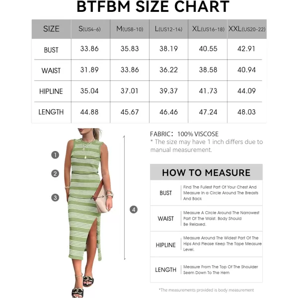 imageBTFBM Womens Sleeveless Summer Dresses 2024 Crew Neck Casual Sundress Hollow Out Side Slit Bodycon Knit Long Tank DressStriped Light Green