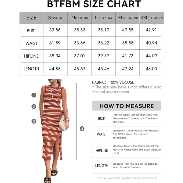 imageBTFBM Womens Sleeveless Summer Dresses 2024 Crew Neck Casual Sundress Hollow Out Side Slit Bodycon Knit Long Tank DressStriped Rust Red